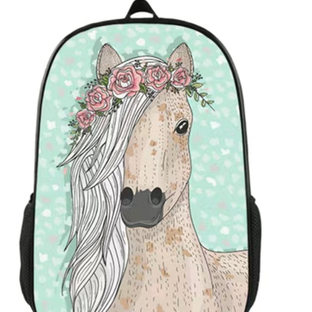 New Fantasy Horse Backpack Pink Flowers Bag Light Weight Side Pockets - Picture 5 of 5